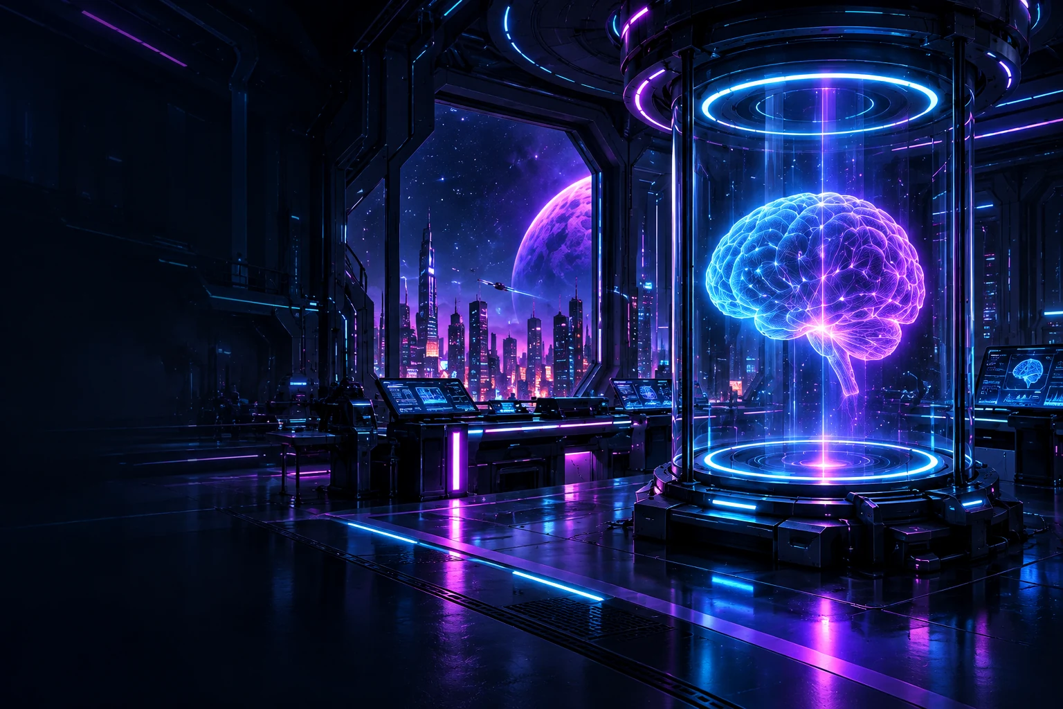Laboratorio futurista con un cerebro holográfico cian y violeta dentro de una cámara de cristal